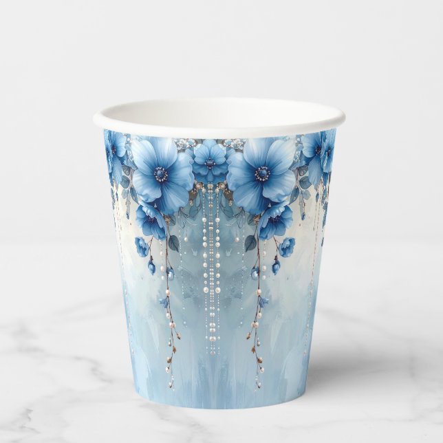 Blue Flowers and Pearls Paper Cups (Front)