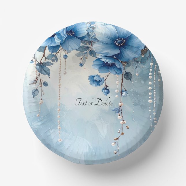 Blue Flowers and Pearls Paper Plate (Front)