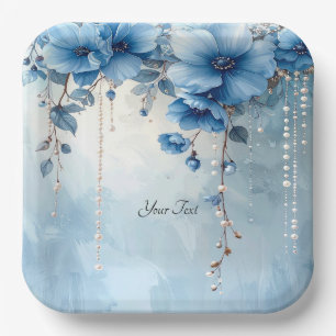 Blue Flowers and Pearls Paper Plate