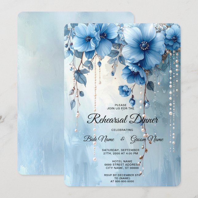 Blue Flowers and Pearls Rehearsal Dinner Invitation (Front/Back)