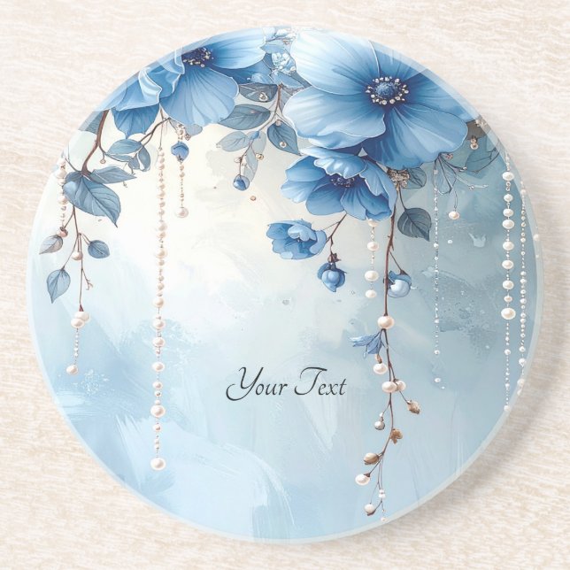 Blue Flowers and Pearls Sandstone Coaster (Front)