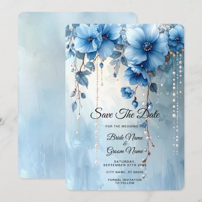 Blue Flowers and Pearls Save the Date (Front/Back)