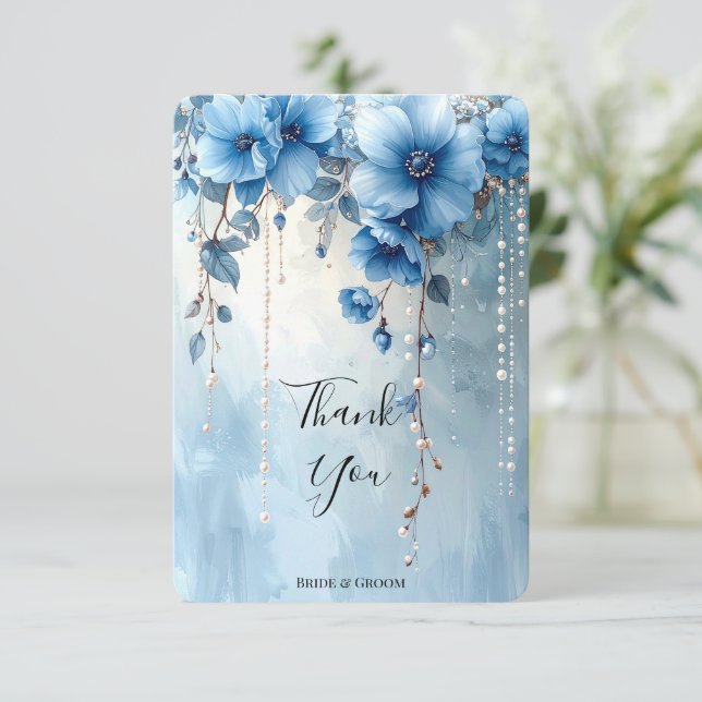 Blue Flowers and Pearls Thank You Card (Standing Front)