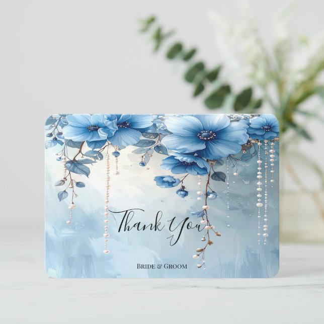 Blue Flowers and Pearls Thank You Card (Standing Front)