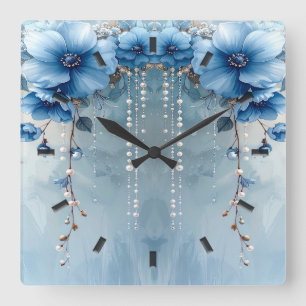 Blue Flowers and Pearls Wall Clock