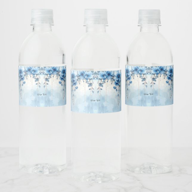 Blue Flowers and Pearls Water Bottle Label (Bottles)