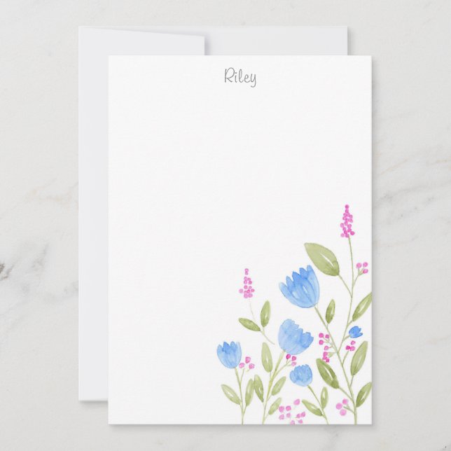 'Blue Flowers and Pink Berries' Watercolor Card (Front)