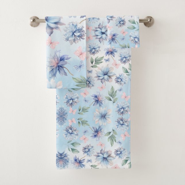 Blue Flowers and Pink Butterflies Bath Towel Set (Insitu)