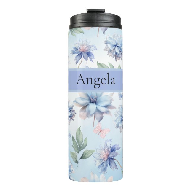 Blue Flowers and Pink Butterflies Thermal Tumbler (Front)