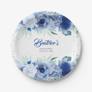 Blue Flowers and Silver Confetti Baby Shower Paper Plate