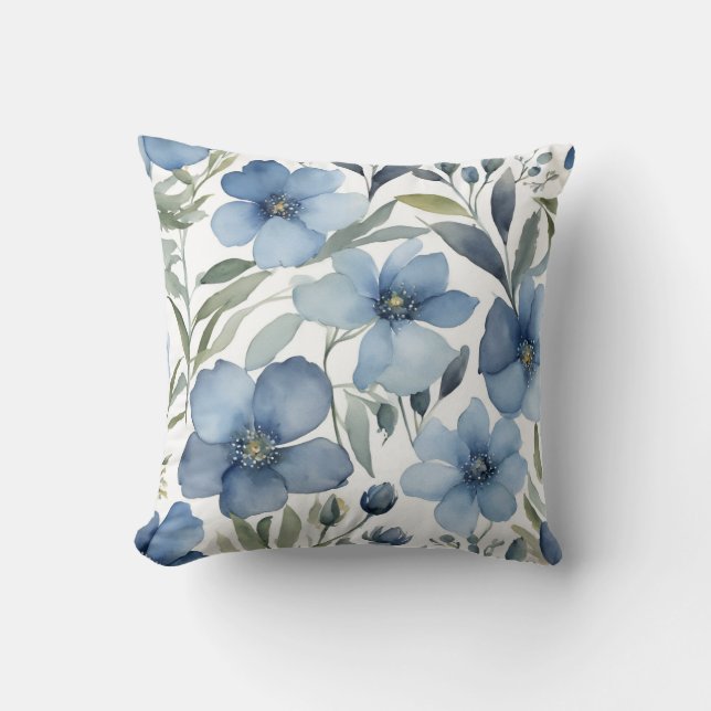 Blue Flowers Art Floral Design Watercolors Cushion (Front)