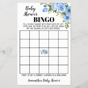 Blue Flowers Baby Shower Bingo game card