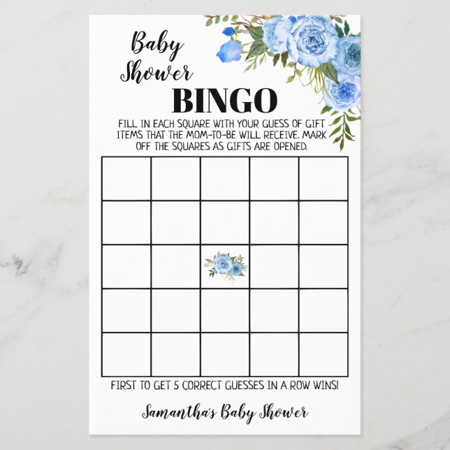 Blue Flowers Baby Shower Bingo game card (Front)