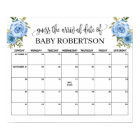 Blue flowers Baby Shower Guess Due Date Calendar