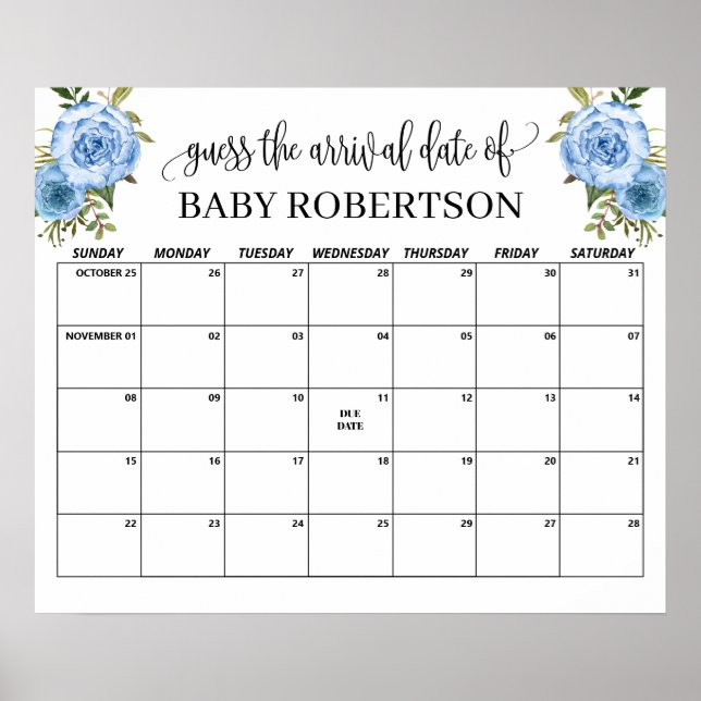Blue flowers Baby Shower Guess Due Date Calendar Poster (Front)