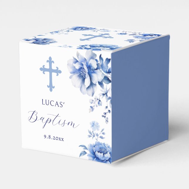 Blue Flowers Baptism Classic Favour Box (Front Side)