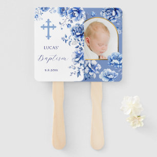 Blue Flowers Baptism Hand Fan