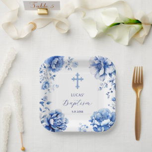Blue Flowers Baptism Paper Plate