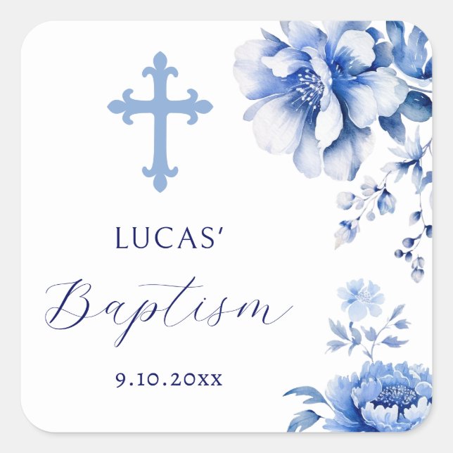 Blue flowers Baptism sticker (Front)