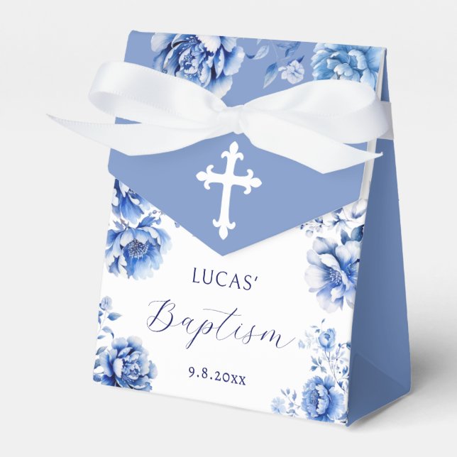 Blue Flowers Baptism Tent Favour Box (Front Side)