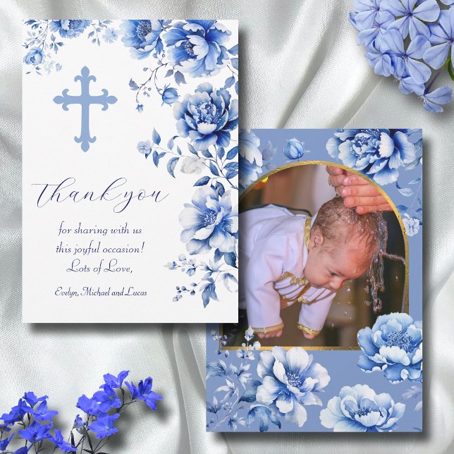 Blue Flowers Baptism Thank You Card (Creator Uploaded)