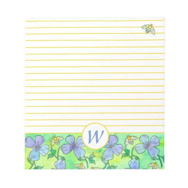 Blue Flowers Bees Monogram Yellow Lined Notepad (Front)
