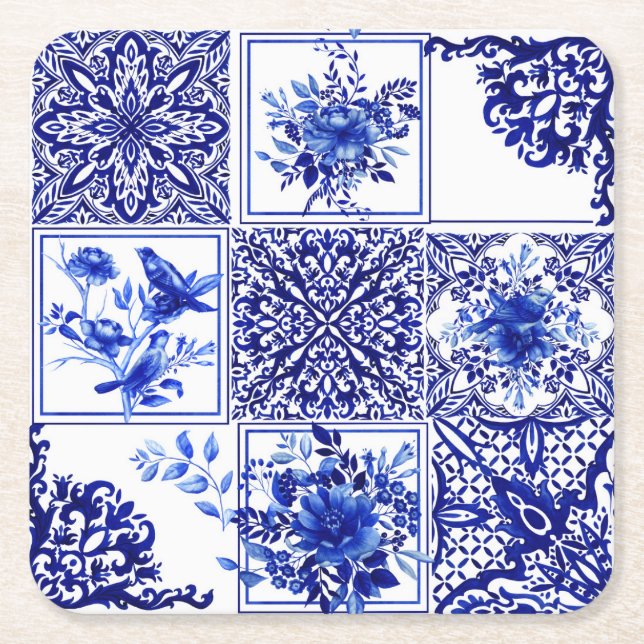 Blue flowers,blue china,porcelain,birds   square paper coaster (Front)