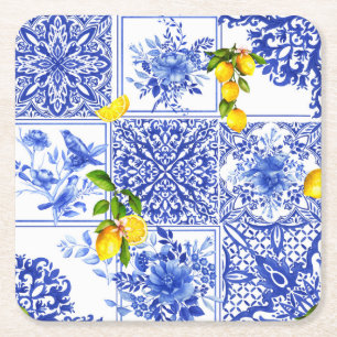 Blue flowers,blue china,porcelain,birds square paper coaster
