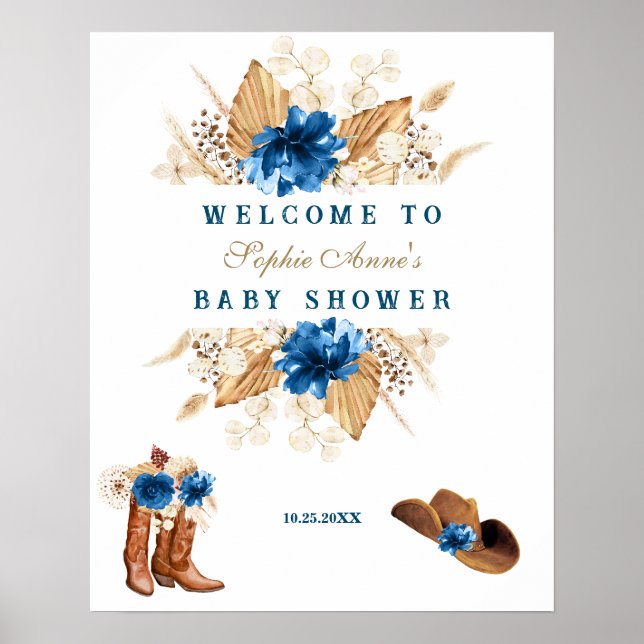 Blue Flowers Boots Baby Shower Welcome Sign (Front)