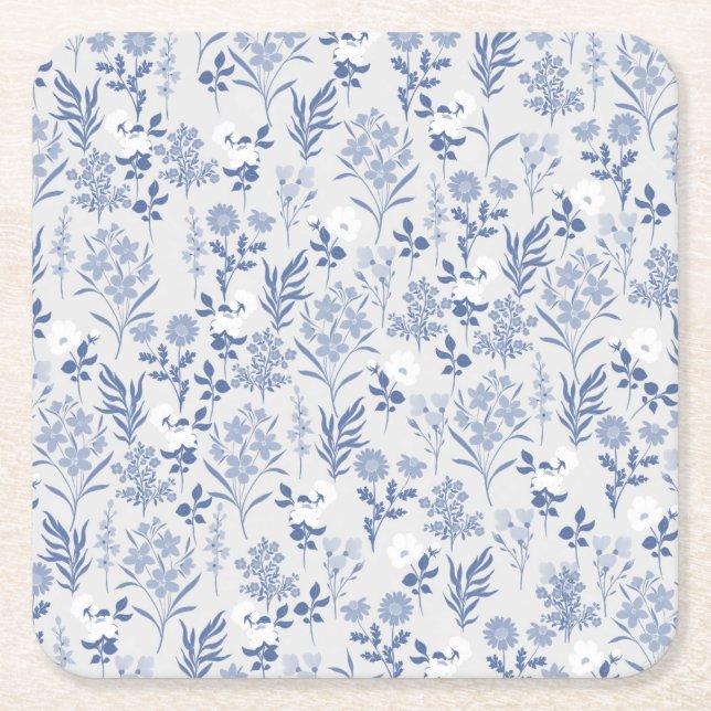 Blue Flowers Botanical Painting Square Paper Coaster (Front)