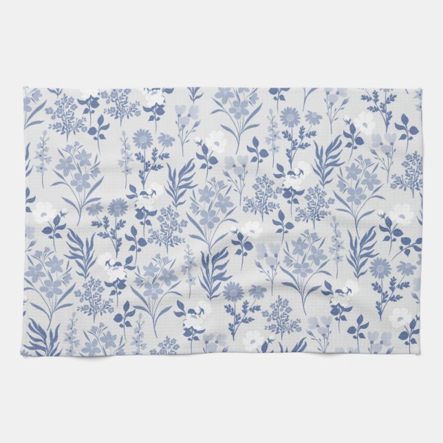 Blue Flowers Botanical Painting Tea Towel (Horizontal)