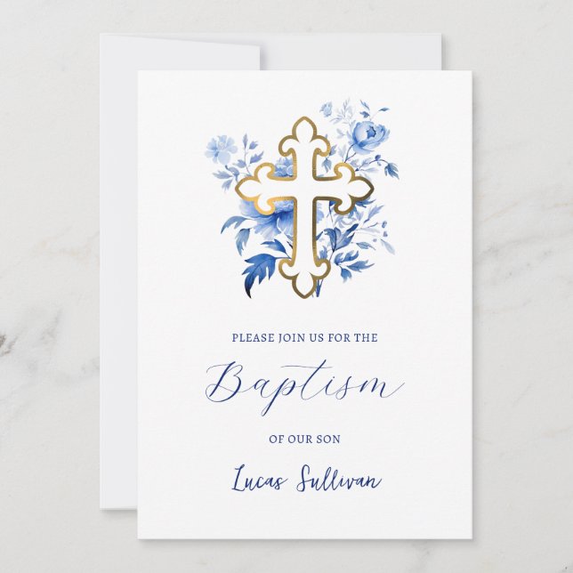 Blue Flowers Bouquet Baptism Invitation (Front)