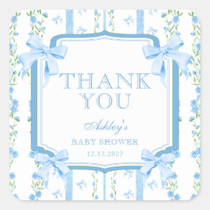 Blue Flowers & Bow Boy Baby Shower Thank You Square Sticker