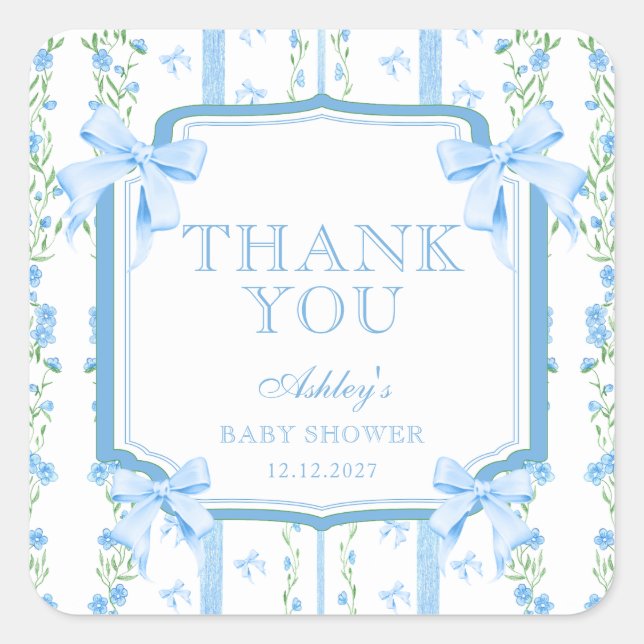 Blue Flowers & Bow Boy Baby Shower Thank You Square Sticker (Front)