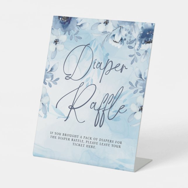 Blue Flowers Boy Baby Shower Diaper Raffle  Pedestal Sign (Front)