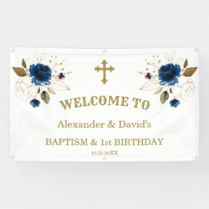 Blue Flowers Boys Twins 1st Birthday Welcome Sign