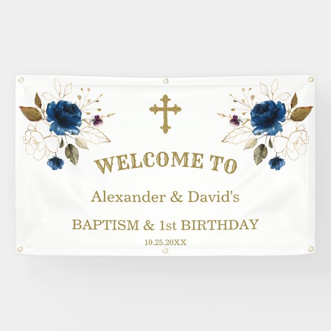 Blue Flowers Boys Twins 1st Birthday Welcome Sign (Horizontal)