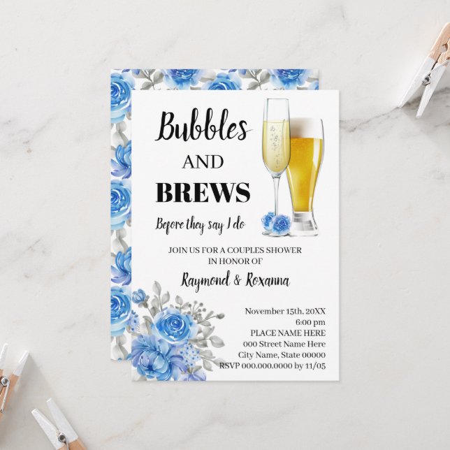 Blue Flowers Bubble & Brews Couples Shower Invitation (Front/Back In Situ)