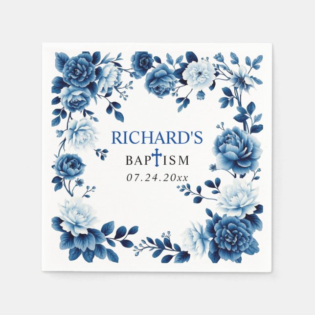 Blue flowers Chinoiserie floral boy Baptism  Napkin (Front)