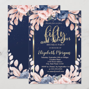 Blue Flowers Confetti Navy Blue 50th Birthday Invitation
