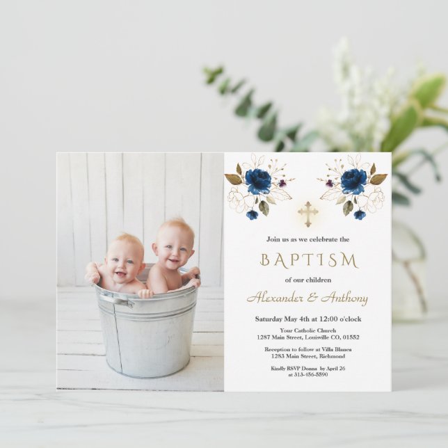 Blue Flowers Cross Boys Twins Photo Baptism   Invitation (Standing Front)