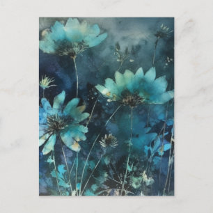 Blue Flowers Cyanotype Mixed Media Postcard