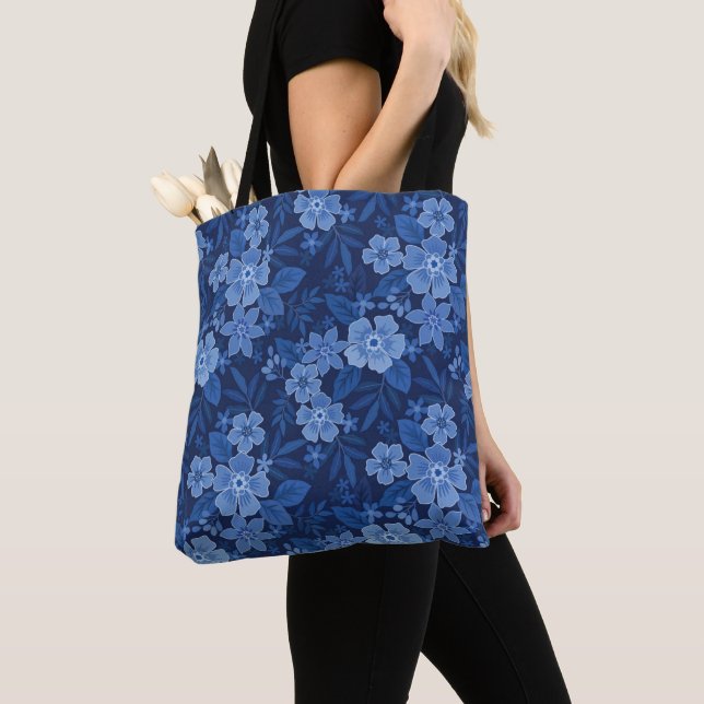blue flowers dark  blue  tote bag (Close Up)