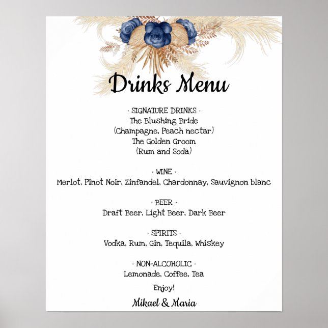 Blue Flowers Drinks Menu Wedding Sign (Front)