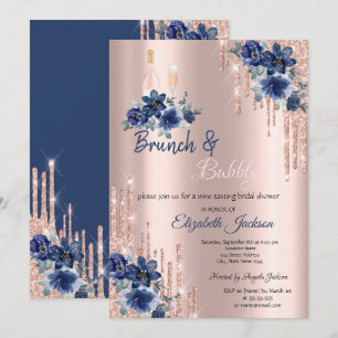 Blue Flowers Drips Brunch & Bubbly Bridal Shower  Invitation