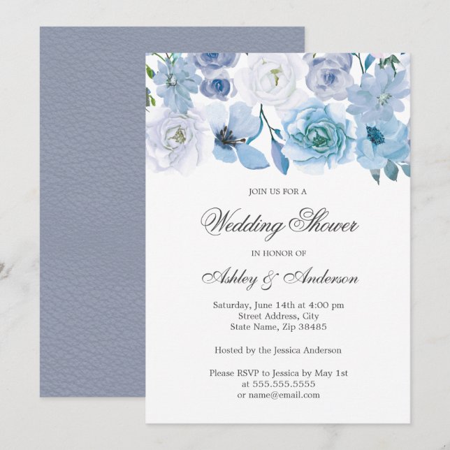 Blue Flowers Elegant Wedding Shower Invitation (Front/Back)