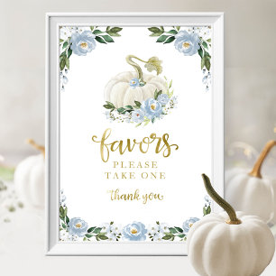 Blue Flowers Fall Pumpkin Baby Shower Favours Sign