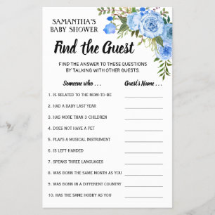 Blue Flowers Find the Guest Baby Shower Game card