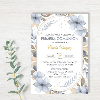 Blue Flowers First Communion in Spanish Catholic Invitation