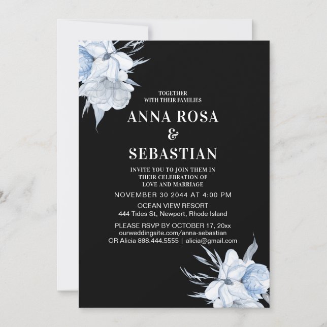 *~* Blue Flowers Floral AR15 Roses WEDDING RSVP + Invitation (Front)